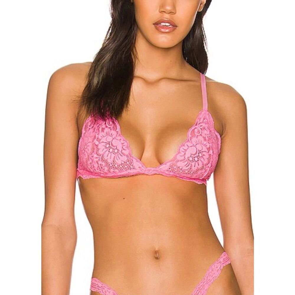 Free People HAH Womens L Chi Bralette Rose Quartz Pink All Over Lace Lounge New